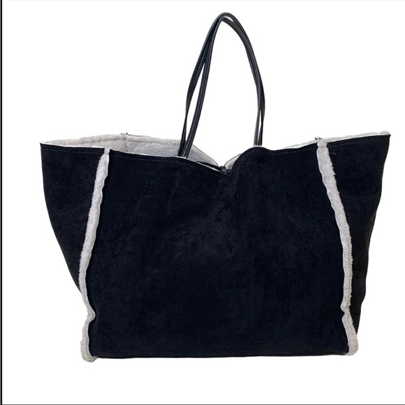 Ah•Dorned Black vegan suede & White Sherpa Sienna Tote NWT - Picture 1 of 11